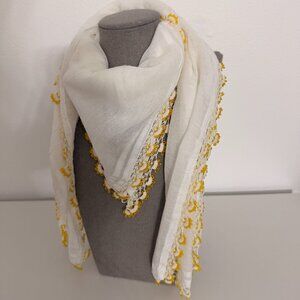 Collectable Traditional Turkish Vintage 40s-50s Oya White Scarf w Yellow Beading